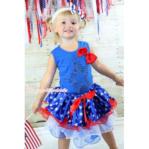 American's Birthday Royal Blue Baby Pettitop with Red Silk Bow & Sparkle Crystal Glitter Star Print with Red Bow Patriotic American Star Red White Blue Petal Baby Pettiskirt NG1530